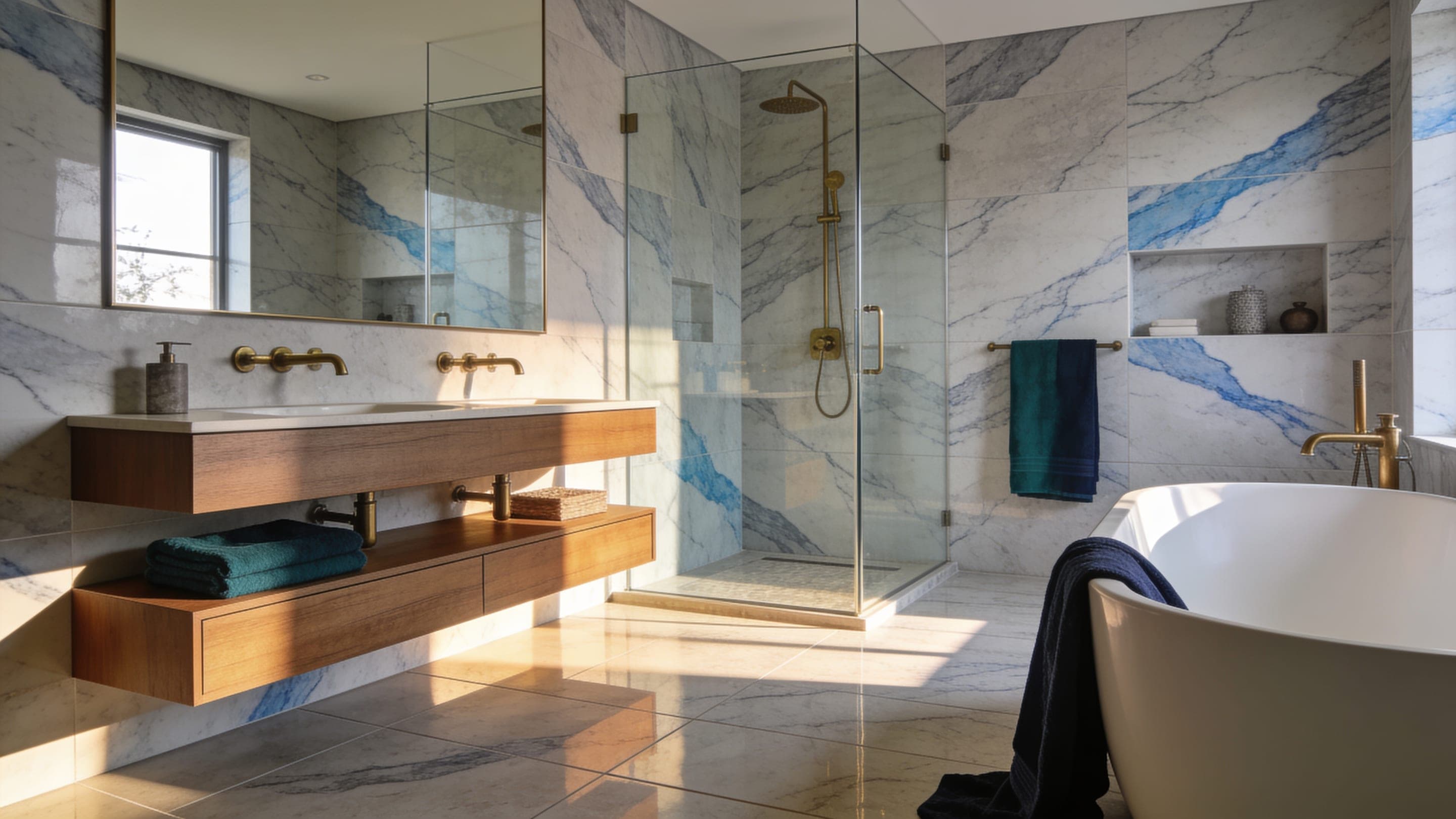 Master bathroom clad floor to ceiling in marble-look porcelain slabs with a frameless glass shower