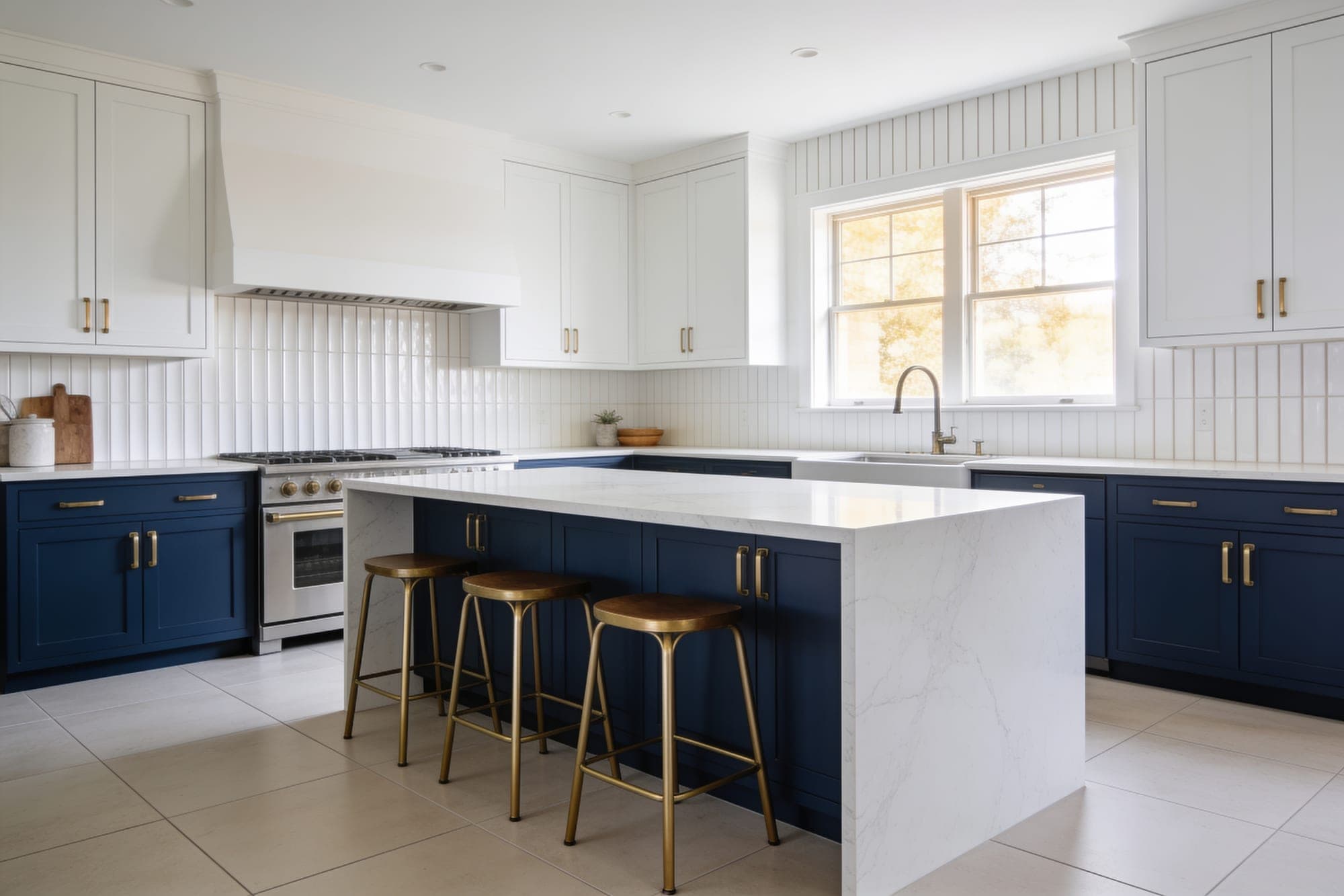 Modern kitchen with stacked vertical porcelain backsplash and large-format tile floor