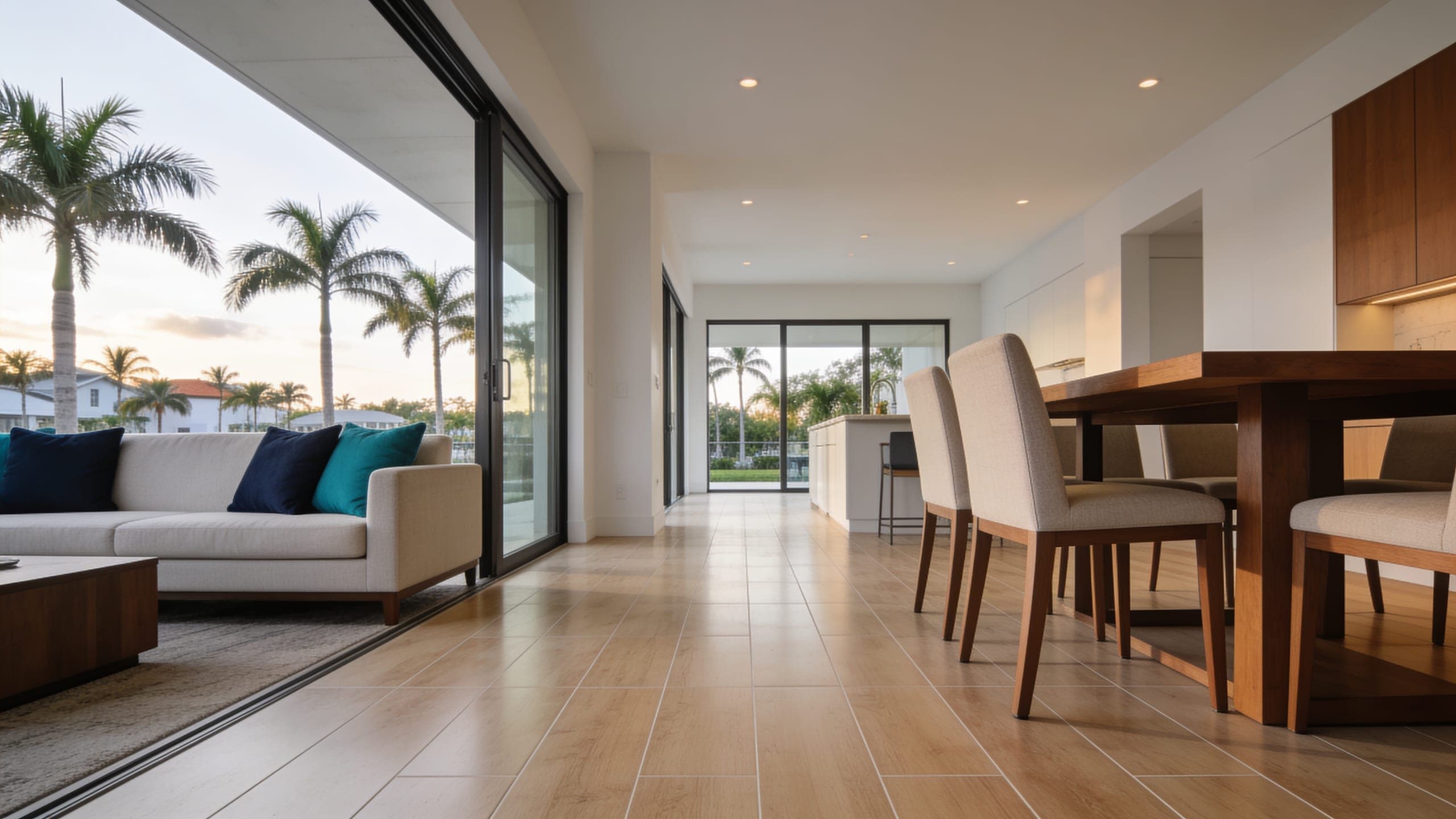 Open plan living and dining area floored in wood-look porcelain planks