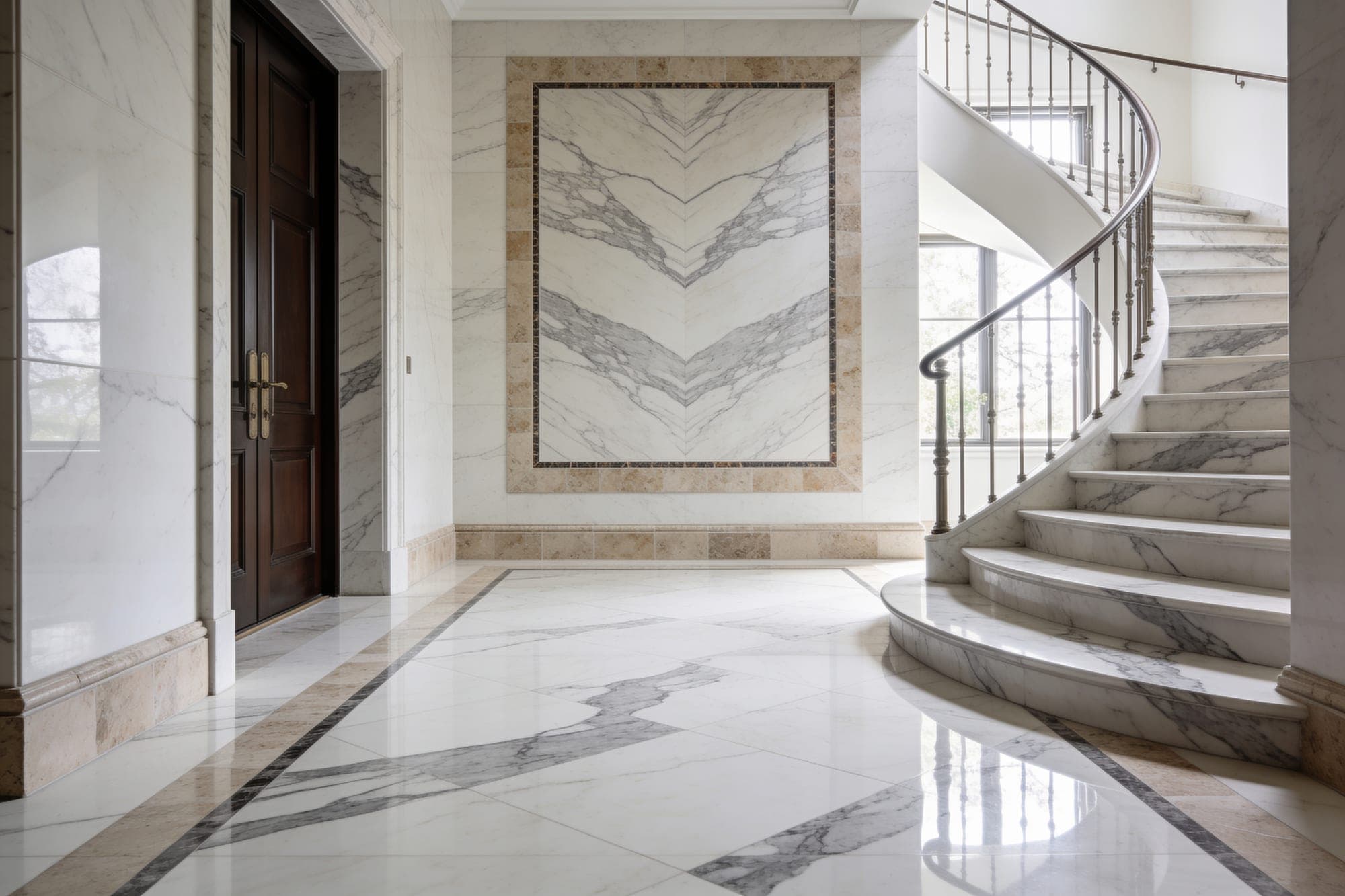 Entryway with polished Calacatta marble floor and book-matched marble wall